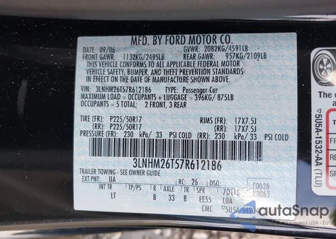 2007 Lincoln Mkz z USA, uszkodzony, nr VIN 3LNHM26T57R612186